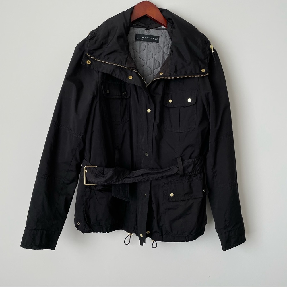 Zara Double Layer Hooded Belted Full Zip Jacket Black / Gold L